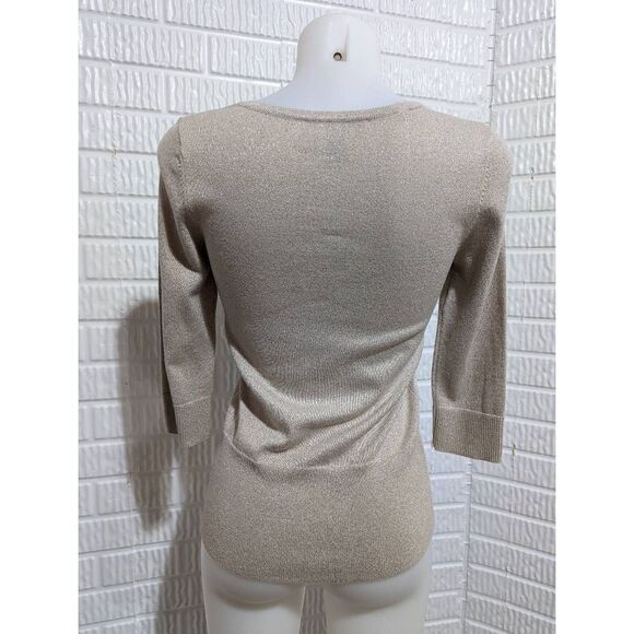 WHBM Women's Metallic Gold Shimmer Sweetheart Neck 3/4 Sleeve Knit Top Size XS - Picture 4 of 5